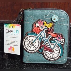 NEW CHALA TEAL BLUE BICYCLE ZIP AROUND WALLET FAUX LEATHER FLOWERS BIRD